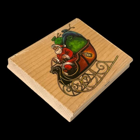 Stampabilities Santa in Sleigh Large Wood Mount Rubber Stamp Christmas NEW - Picture 3 of 10